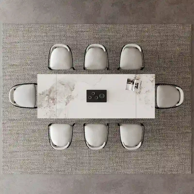 Ensemble de salle à manger extensible en pierre frittée blanche pour 6 à 8 personnes, avec 8 chaises en tissu
