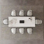 Ensemble de salle à manger extensible en pierre frittée blanche pour 6 à 8 personnes, avec 8 chaises en tissu
