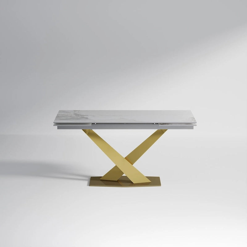Ensemble de salle à manger extensible en pierre frittée blanche pour 6 à 8 personnes, avec 8 chaises en tissu