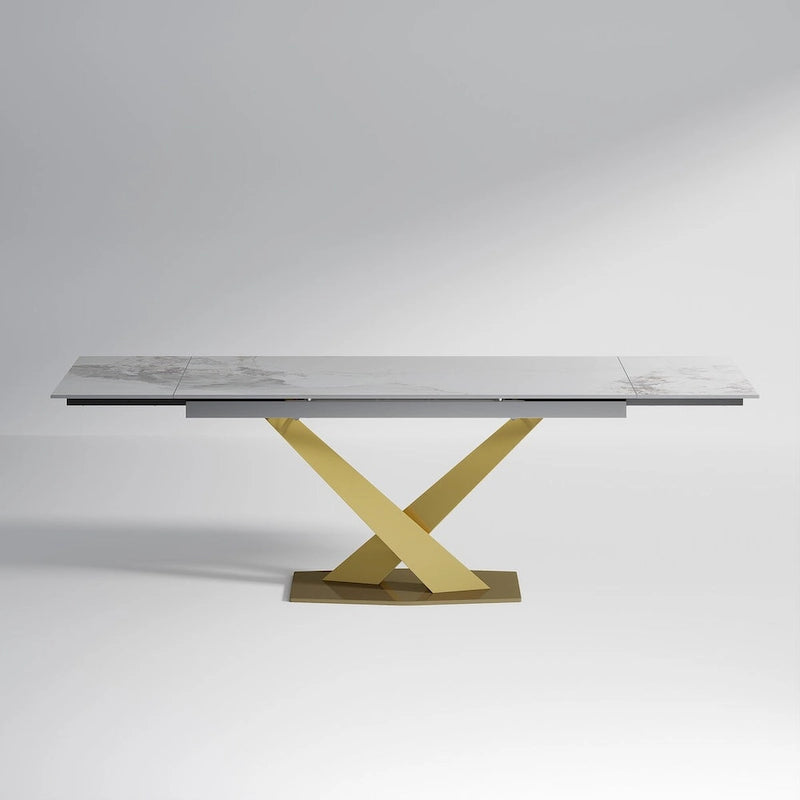 Ensemble de salle à manger extensible en pierre frittée blanche pour 6 à 8 personnes, avec 8 chaises en tissu