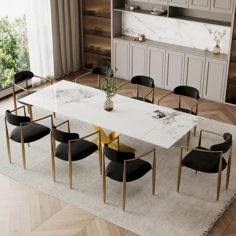 Ensemble de salle à manger extensible en pierre frittée blanche pour 6 à 8 personnes, avec 8 chaises en tissu