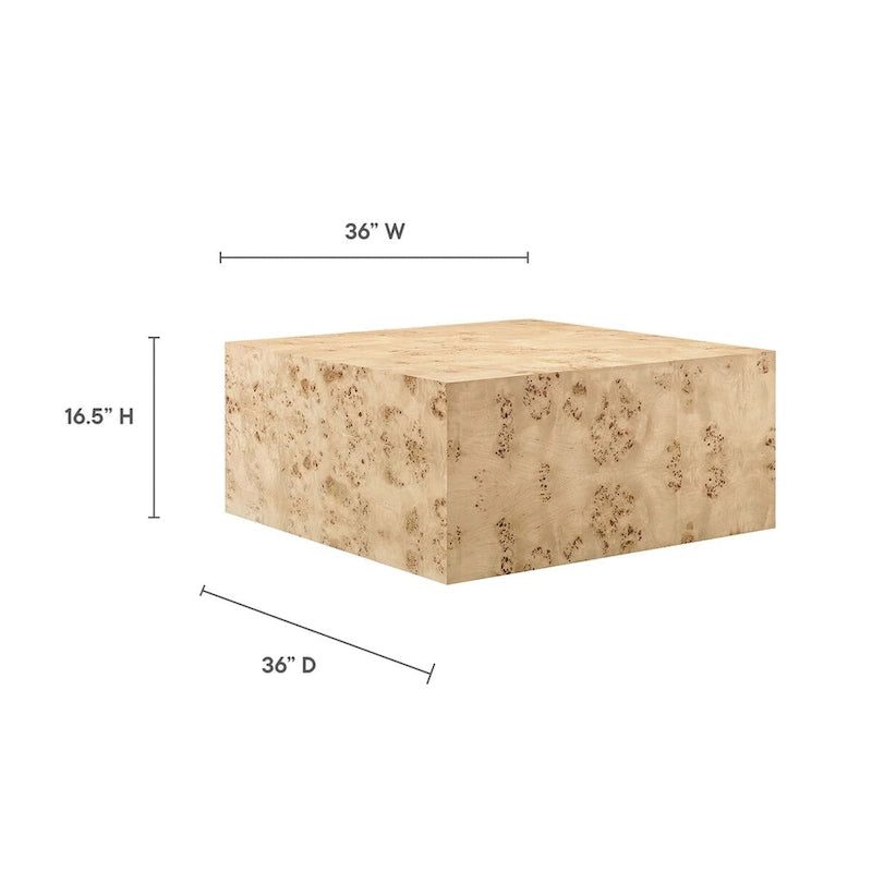 Table basse carrée en loupe de bois de 36 po – Loupe blanchie / Loupe naturelle – Pour 4 personnes