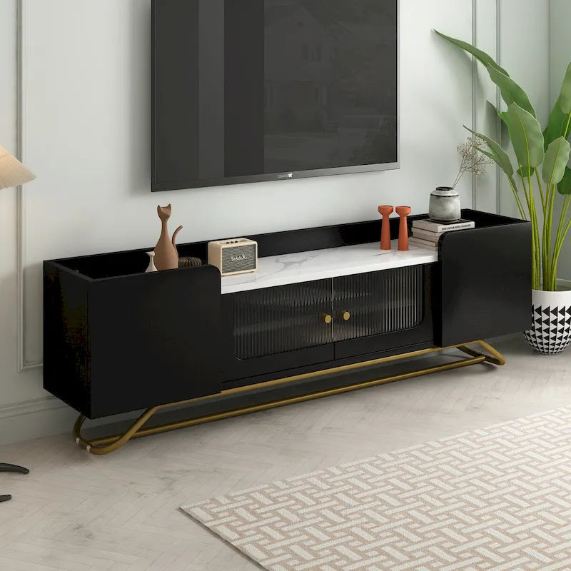 Meuble TV Blanc/Noir/Gris avec Portes en Verre Canelé et Cadre Doré, Convient aux TV jusqu'à 70", Assemblage à 2 Personnes