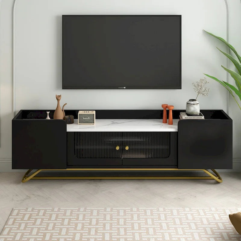 Meuble TV Blanc/Noir/Gris avec Portes en Verre Canelé et Cadre Doré, Convient aux TV jusqu'à 70", Assemblage à 2 Personnes
