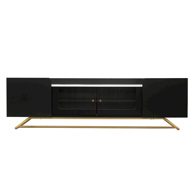 Meuble TV Blanc/Noir/Gris avec Portes en Verre Canelé et Cadre Doré, Convient aux TV jusqu'à 70", Assemblage à 2 Personnes