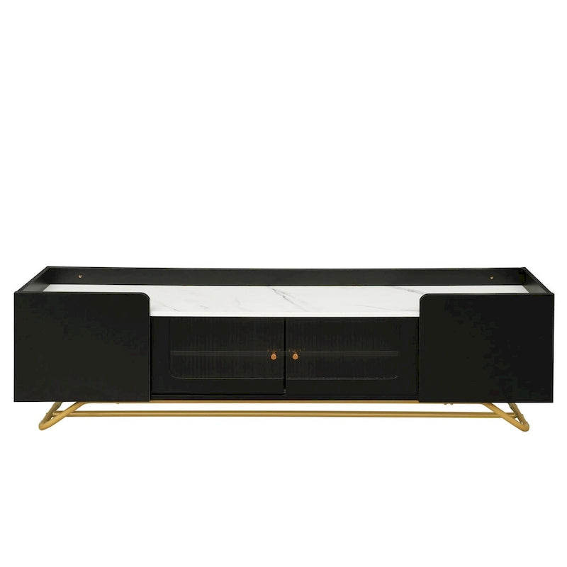 Meuble TV Blanc/Noir/Gris avec Portes en Verre Canelé et Cadre Doré, Convient aux TV jusqu'à 70", Assemblage à 2 Personnes