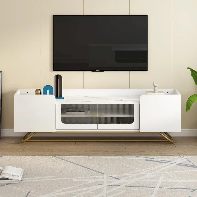 Meuble TV Blanc/Noir/Gris avec Portes en Verre Canelé et Cadre Doré, Convient aux TV jusqu'à 70", Assemblage à 2 Personnes