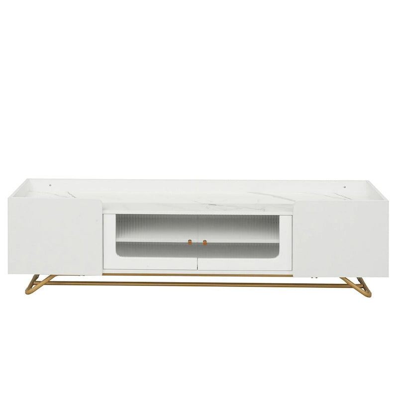 Meuble TV Blanc/Noir/Gris avec Portes en Verre Canelé et Cadre Doré, Convient aux TV jusqu'à 70", Assemblage à 2 Personnes