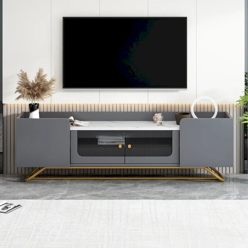 Meuble TV Blanc/Noir/Gris avec Portes en Verre Canelé et Cadre Doré, Convient aux TV jusqu'à 70", Assemblage à 2 Personnes