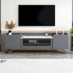 Meuble TV Blanc/Noir/Gris avec Portes en Verre Canelé et Cadre Doré, Convient aux TV jusqu'à 70", Assemblage à 2 Personnes