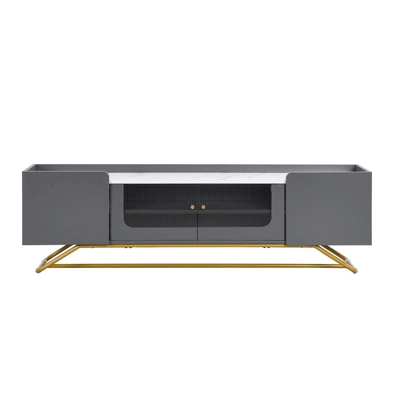 Meuble TV Blanc/Noir/Gris avec Portes en Verre Canelé et Cadre Doré, Convient aux TV jusqu'à 70", Assemblage à 2 Personnes