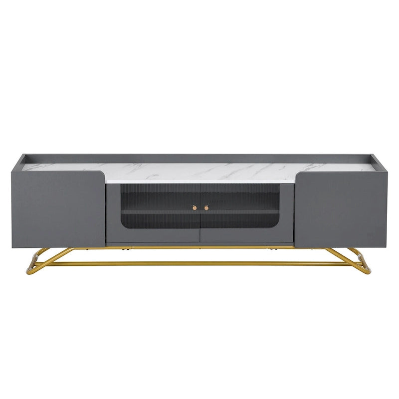 Meuble TV Blanc/Noir/Gris avec Portes en Verre Canelé et Cadre Doré, Convient aux TV jusqu'à 70", Assemblage à 2 Personnes