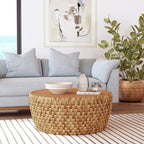 Table basse en rotin naturel, style tambour rond, plateau en placage