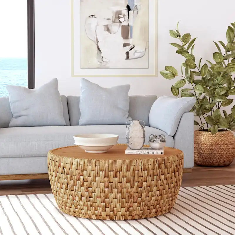 Table basse en rotin naturel, style tambour rond, plateau en placage