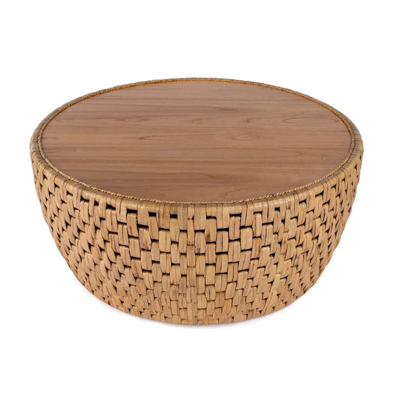 Table basse en rotin naturel, style tambour rond, plateau en placage