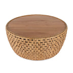 Table basse en rotin naturel, style tambour rond, plateau en placage