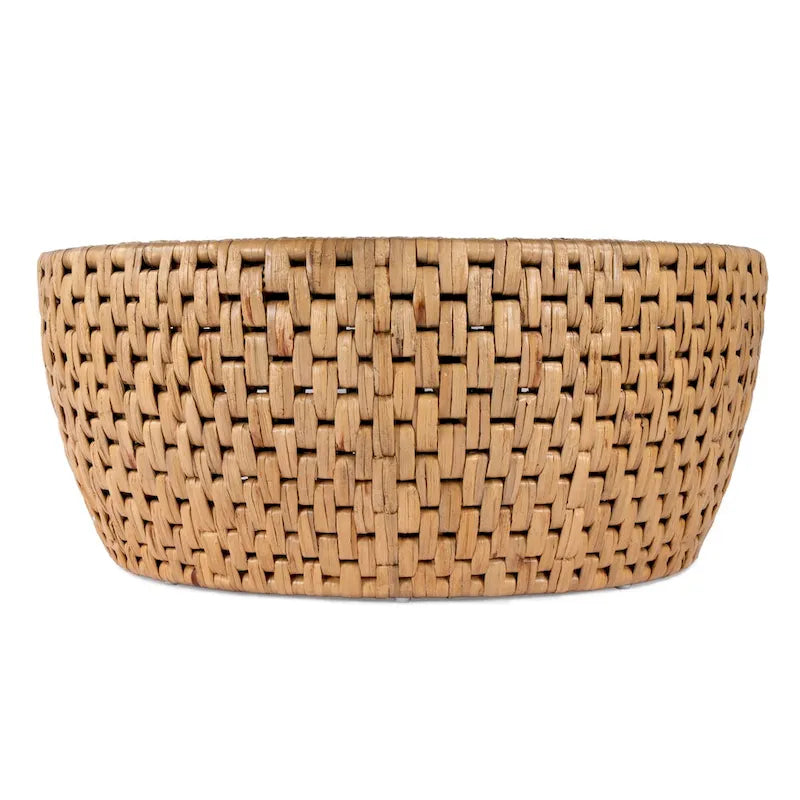 Table basse en rotin naturel, style tambour rond, plateau en placage