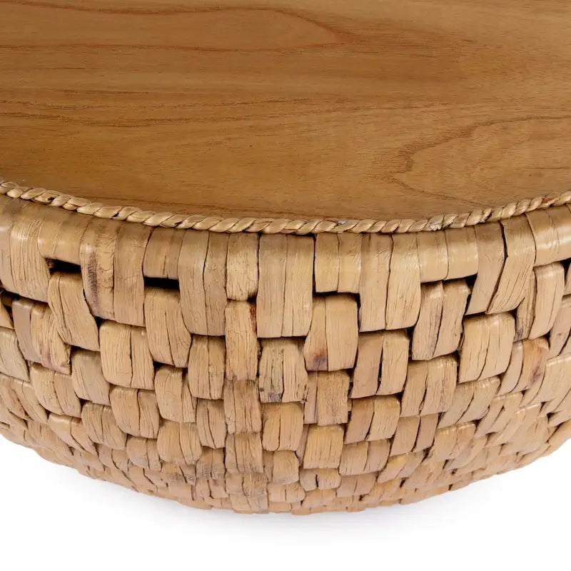 Table basse en rotin naturel, style tambour rond, plateau en placage