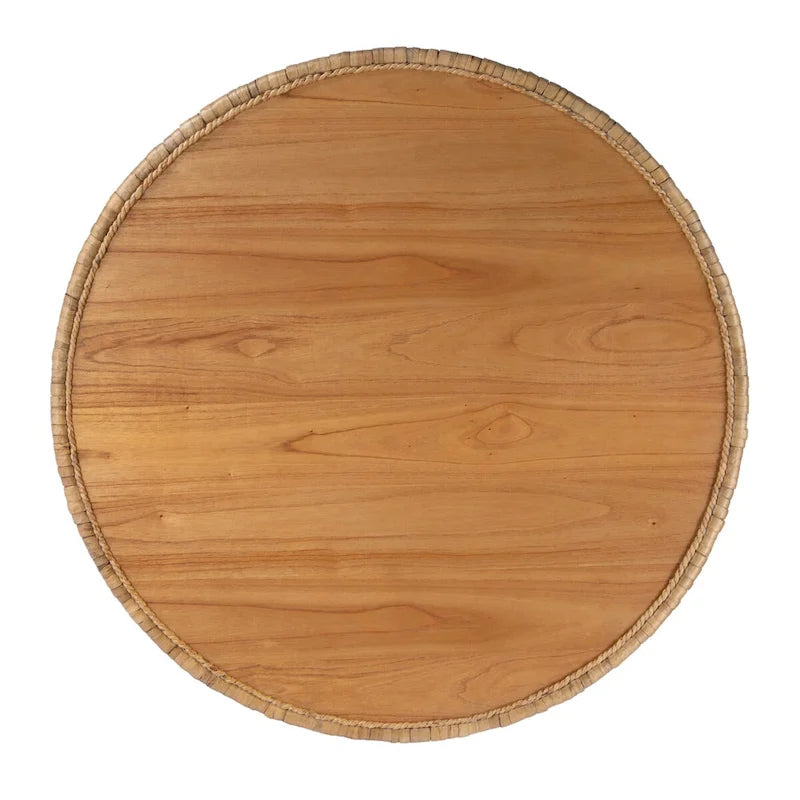 Table basse en rotin naturel, style tambour rond, plateau en placage