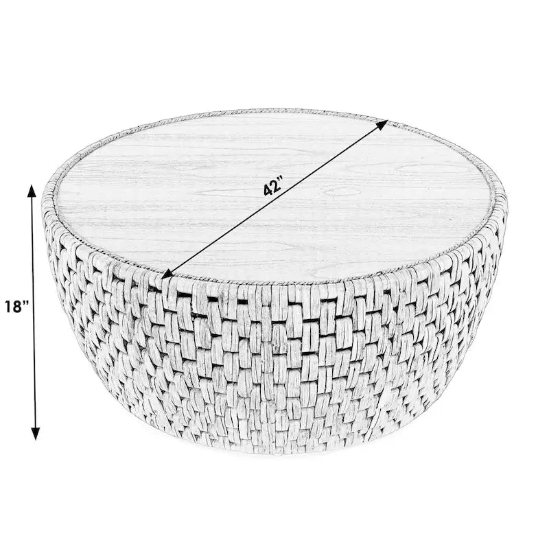 Table basse en rotin naturel, style tambour rond, plateau en placage