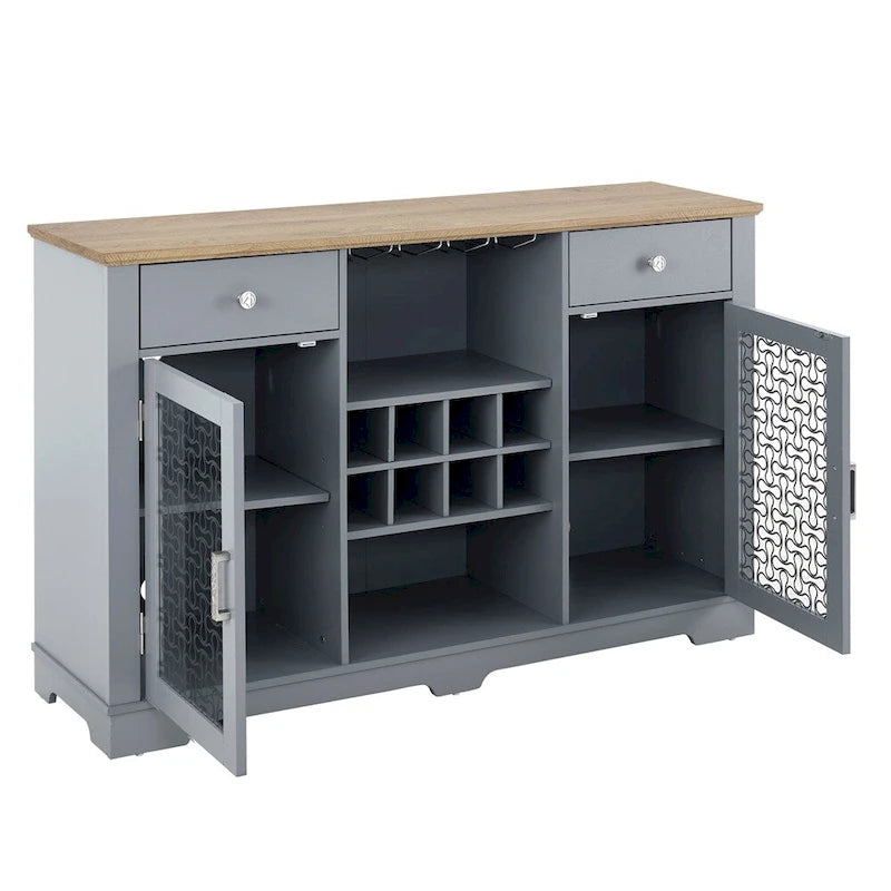 Buffet bas 2 portes bleu clair avec tiroirs, porte-verres et passe-câbles