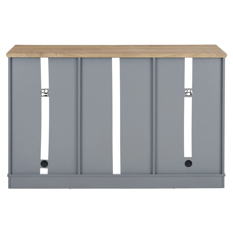Buffet bas 2 portes bleu clair avec tiroirs, porte-verres et passe-câbles