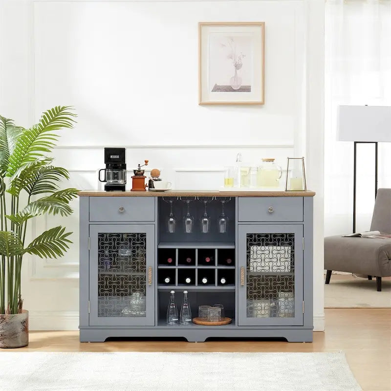 Buffet bas 2 portes bleu clair avec tiroirs, porte-verres et passe-câbles