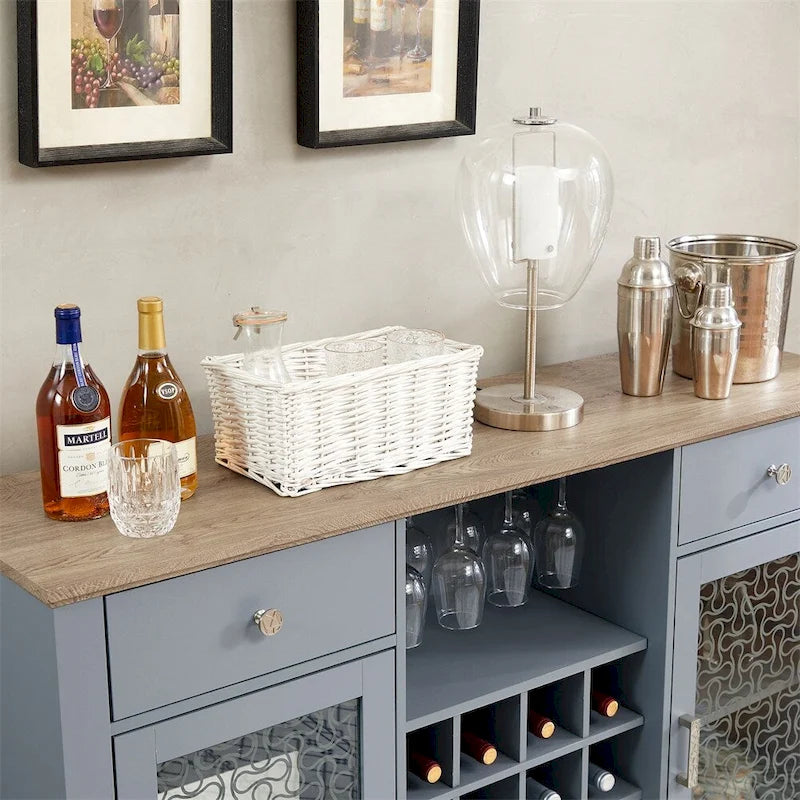 Buffet bas 2 portes bleu clair avec tiroirs, porte-verres et passe-câbles
