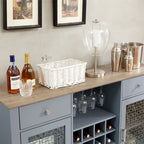 Buffet bas 2 portes bleu clair avec tiroirs, porte-verres et passe-câbles