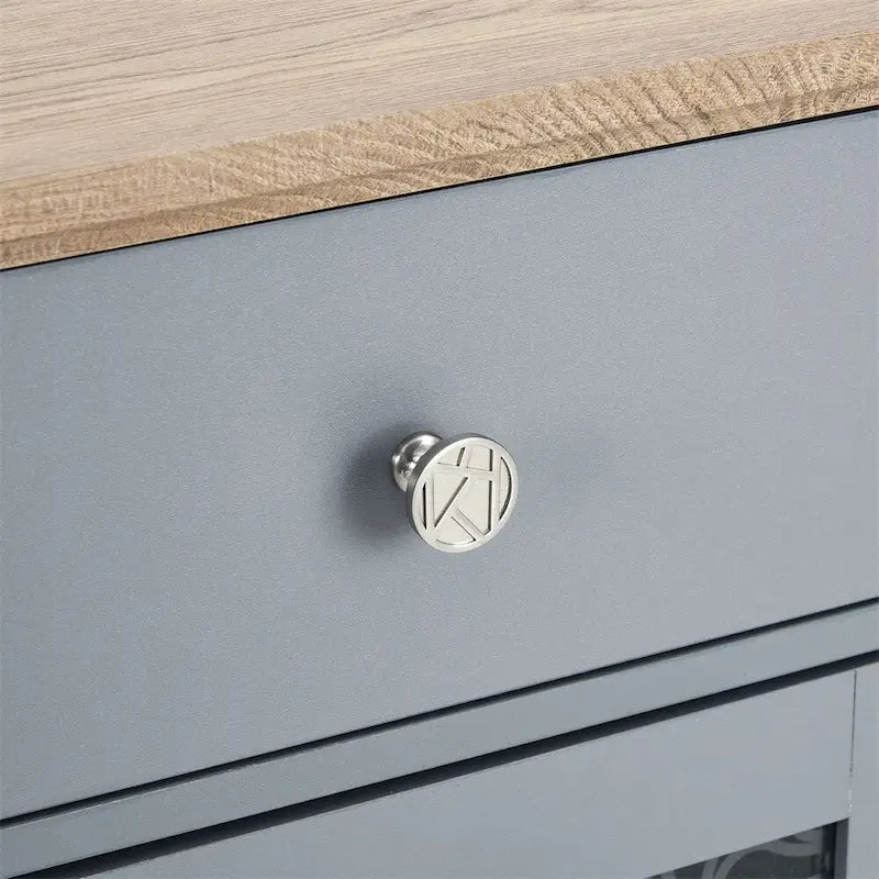 Buffet bas 2 portes bleu clair avec tiroirs, porte-verres et passe-câbles