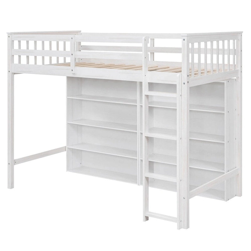 Lit mezzanine jumeau blanc/gris avec étagères et échelle, 1 personne