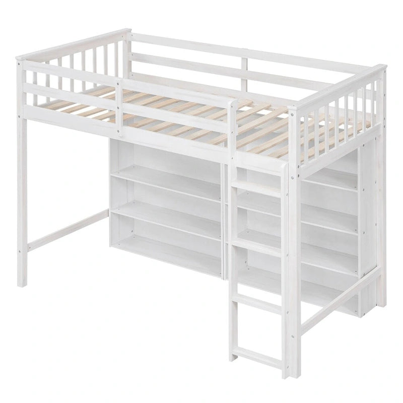 Lit mezzanine jumeau blanc/gris avec étagères et échelle, 1 personne