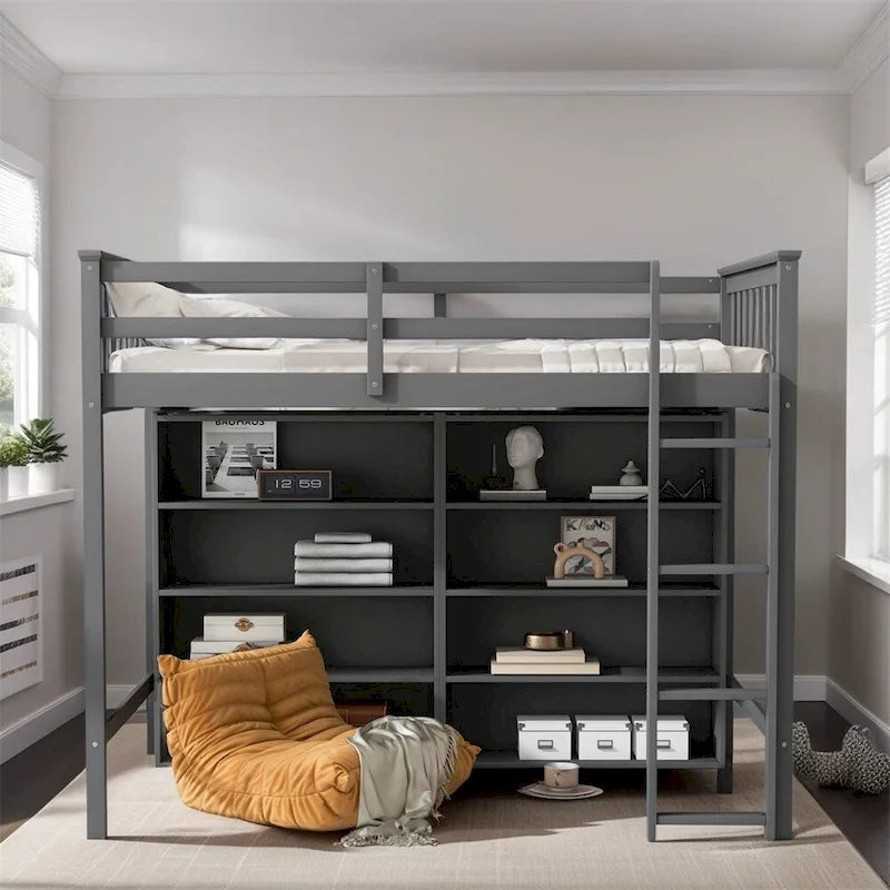 Lit mezzanine jumeau blanc/gris avec étagères et échelle, 1 personne