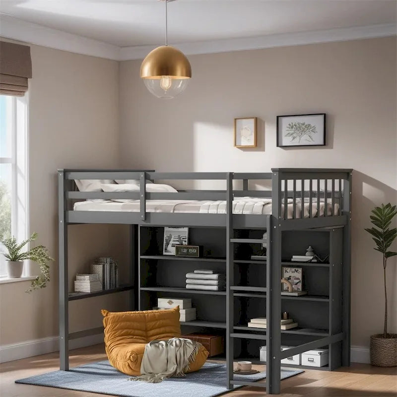 Lit mezzanine jumeau blanc/gris avec étagères et échelle, 1 personne