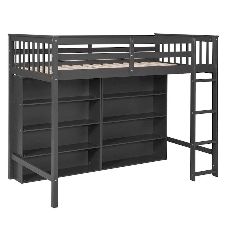 Lit mezzanine jumeau blanc/gris avec étagères et échelle, 1 personne