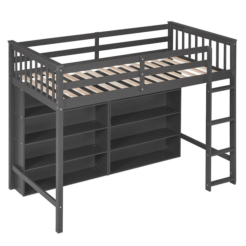 Lit mezzanine jumeau blanc/gris avec étagères et échelle, 1 personne