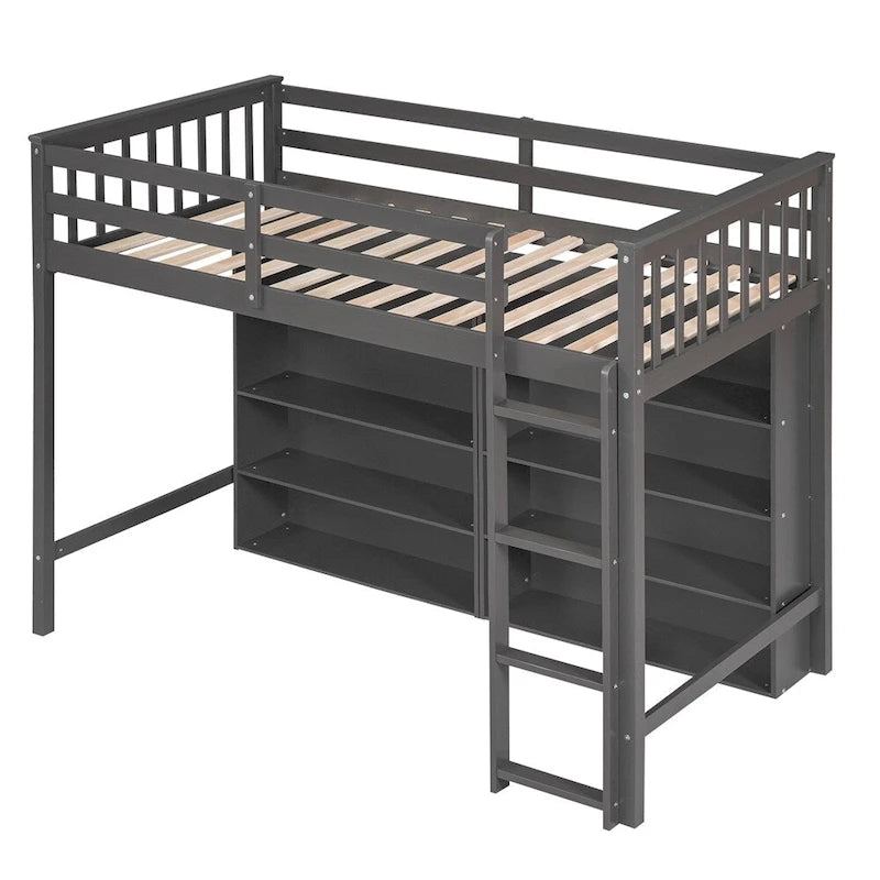Lit mezzanine jumeau blanc/gris avec étagères et échelle, 1 personne