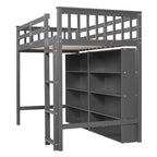 Lit mezzanine jumeau blanc/gris avec étagères et échelle, 1 personne