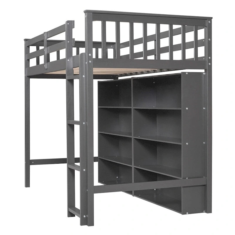 Lit mezzanine jumeau blanc/gris avec étagères et échelle, 1 personne