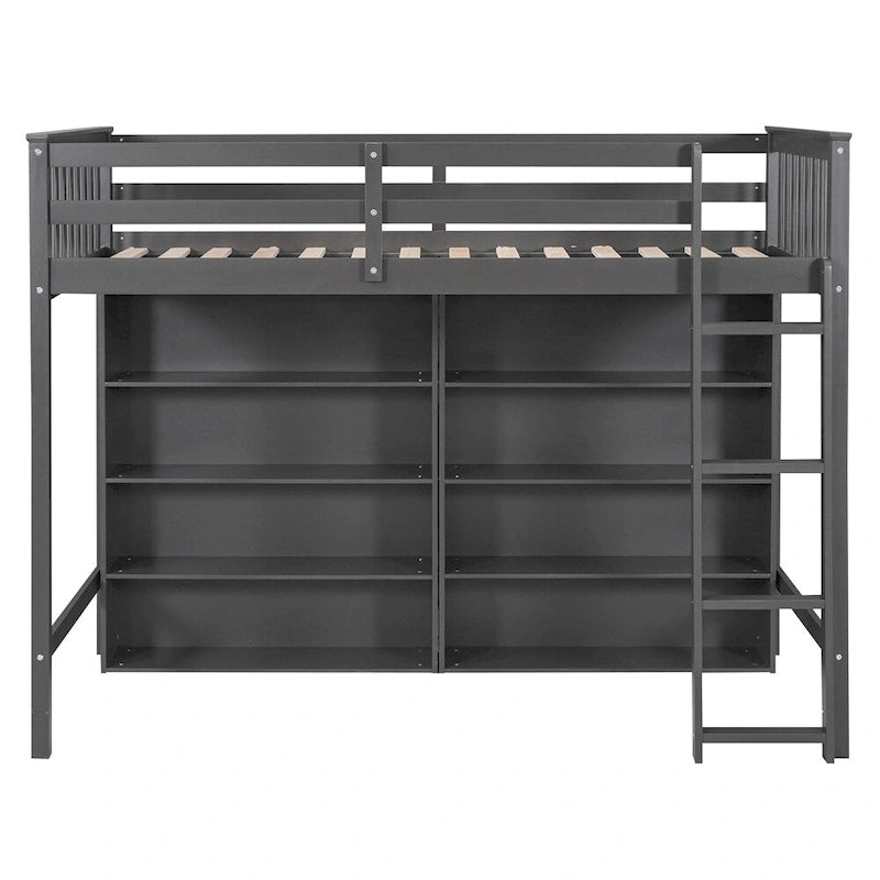 Lit mezzanine jumeau blanc/gris avec étagères et échelle, 1 personne