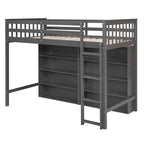 Lit mezzanine jumeau blanc/gris avec étagères et échelle, 1 personne