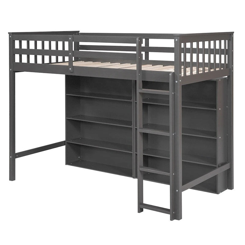 Lit mezzanine jumeau blanc/gris avec étagères et échelle, 1 personne