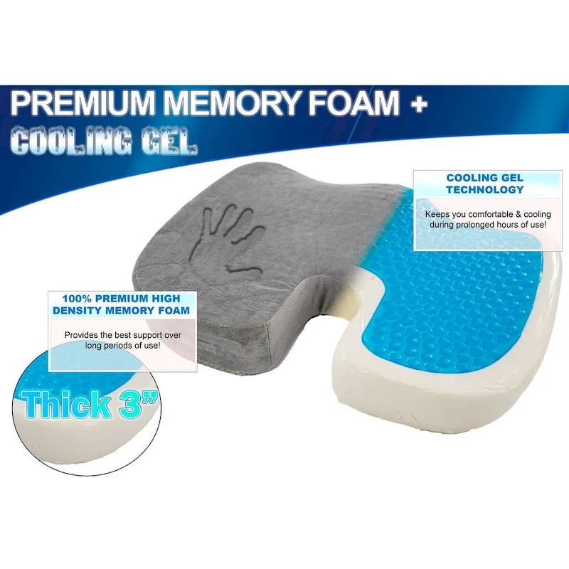 Coussin de siège ergonomique gris en mousse à mémoire de forme et gel rafraîchissant – Utilisateur unique