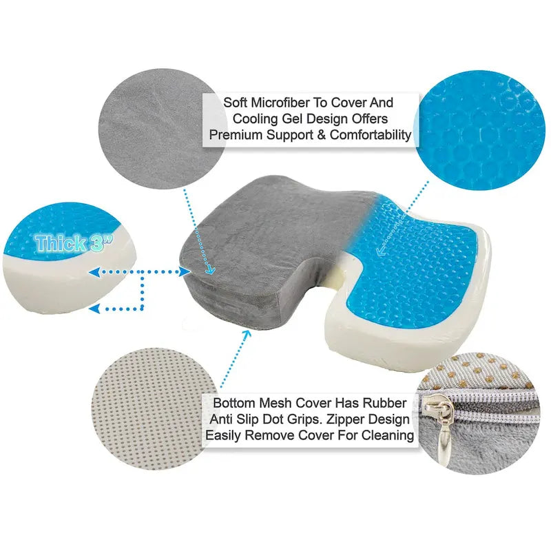 Coussin de siège ergonomique gris en mousse à mémoire de forme et gel rafraîchissant – Utilisateur unique
