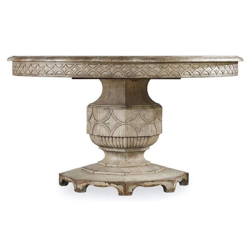 Table à manger ronde extensible, blanc vieilli, 4 à 6 places