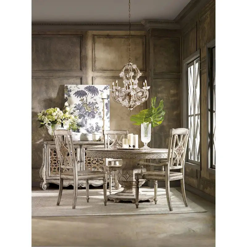 Table à manger ronde extensible, blanc vieilli, 4 à 6 places