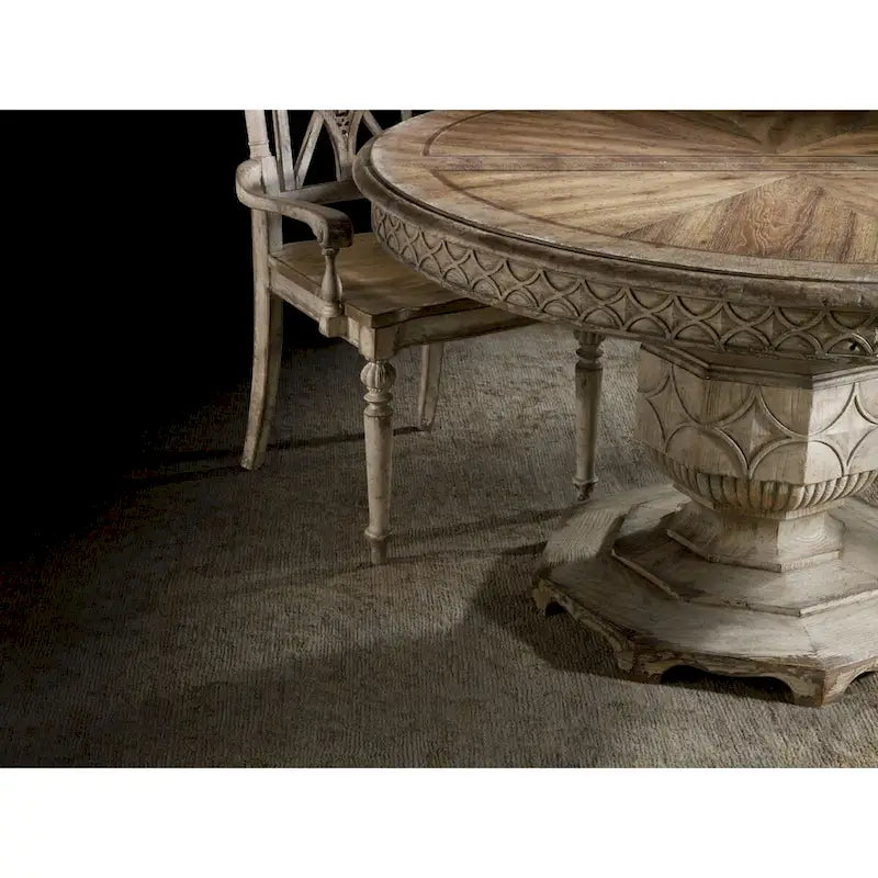 Table à manger ronde extensible, blanc vieilli, 4 à 6 places